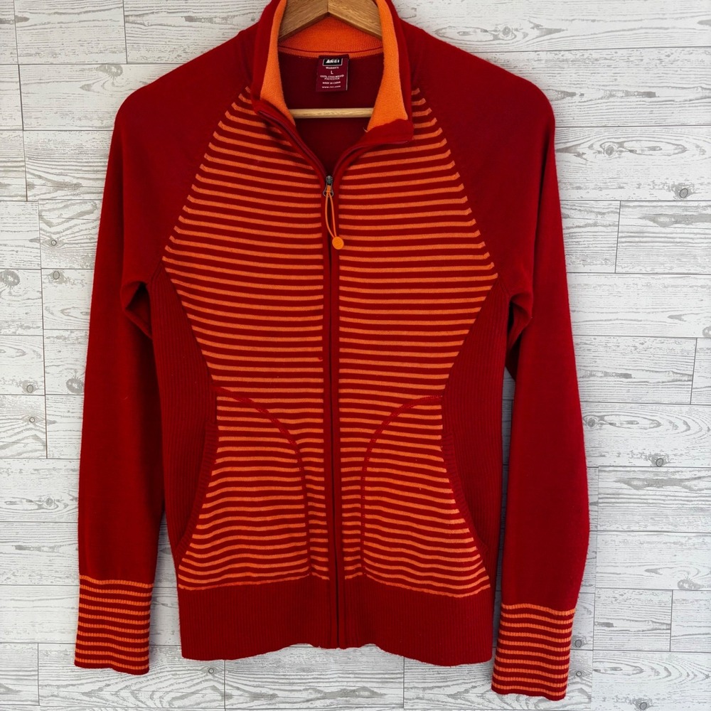 REI Cardigan Sweater Womens Large CoolMax Orange‎ Striped gorpcore cabincore